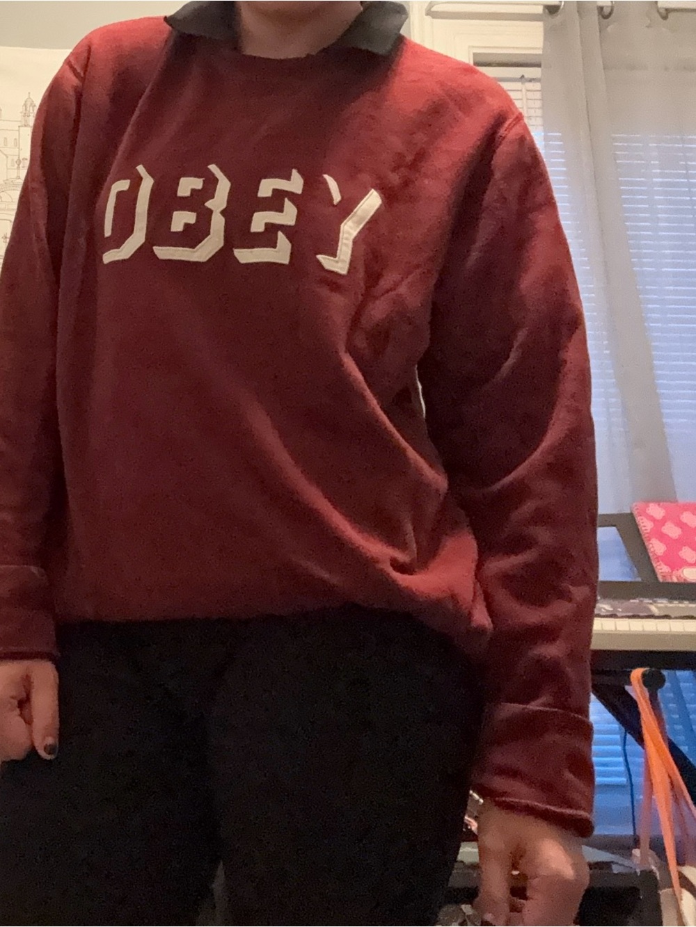 Obey Men's Burgundy Crewneck Sweatshirt with White Logo